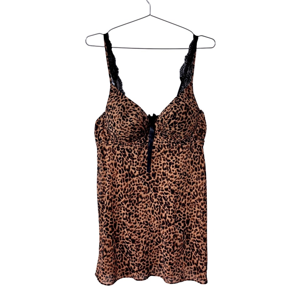 Ambriellette Leopard Print Chemise‎ Babydoll Slip Dress XL Black Lace Trim NWT
